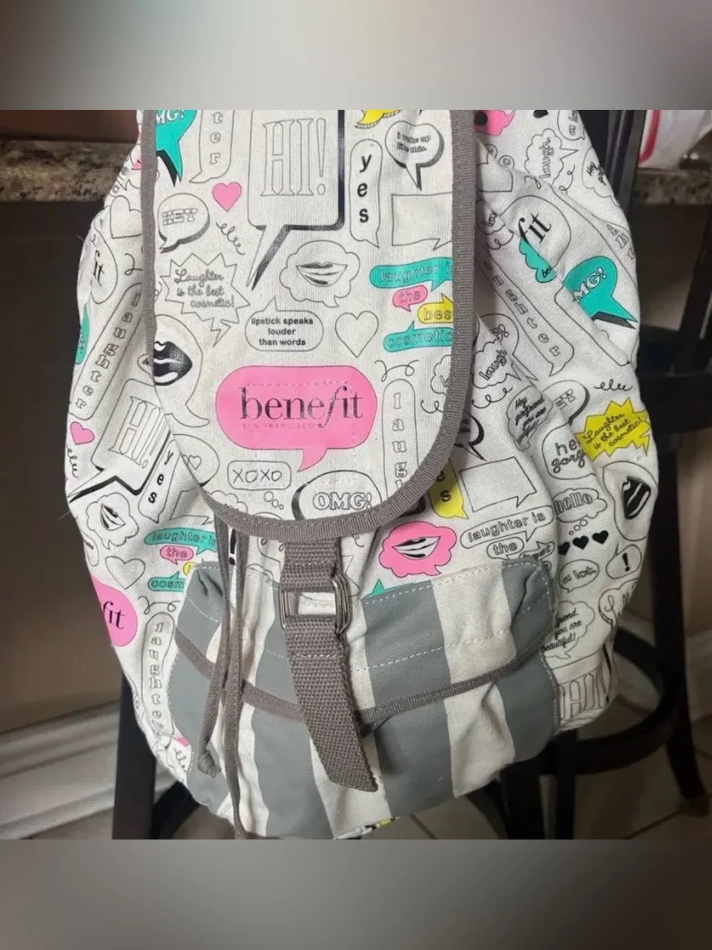 Benefit White Graphic Stripe Tote with Pink & Teal Accents